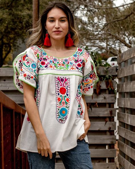 Mexican Embroidered Tunic Top Floral Peasant Blouse Heavily Etsy