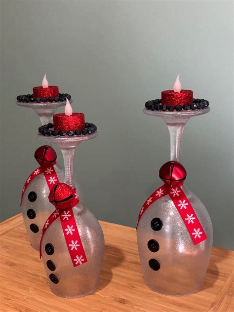 Snowmen Wineglass Candle Holders Etsy Wine Glass Christmas