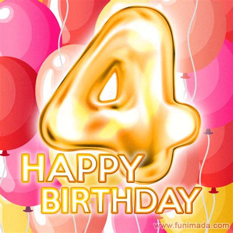 Fantastic Gold Number 4 Balloons Happy Birthday Card Moving 