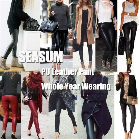Buy SEASUM Women S Faux Leather Leggings Pants PU Elastic Shaping Hip