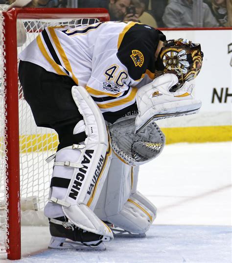 Boston Bruins Goalie Tuukka Rask Collects Himself After A Collision In