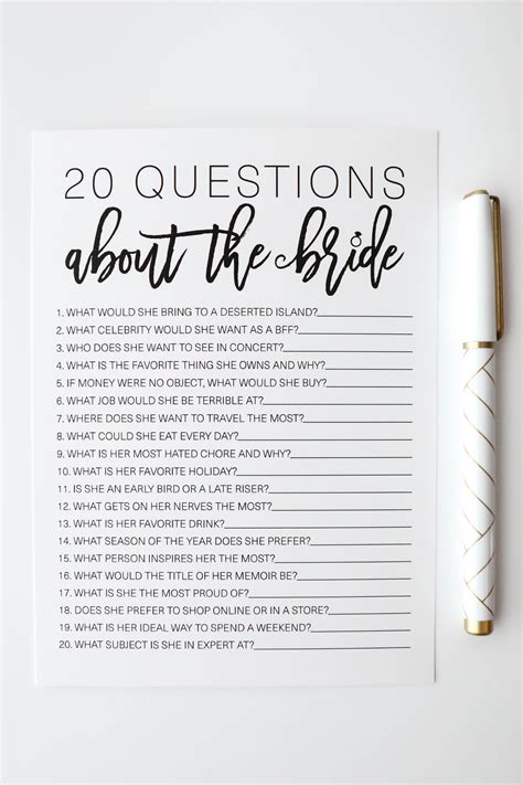 20 Questions About The Bride Bridal Shower Game Bridal Etsy Bridal Shower Games Bridal