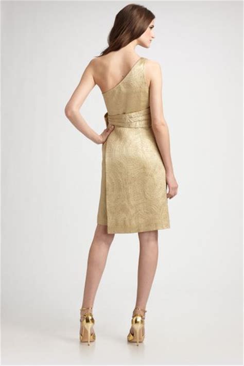 Kay Unger Metallic Jacquard One Shoulder Dress In Gold Lyst