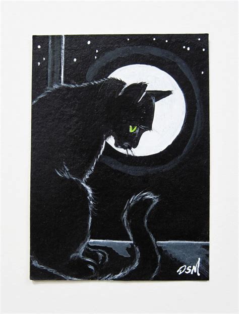 Original Cat Aceo Cat In The Window Moon Black And White Cat Etsy
