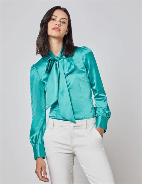 Plain Satin Womens Fitted Blouse With Single Cuff And Pussy Bow In Jade Hawes And Curtis