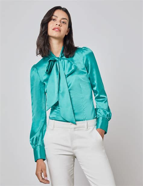 plain satin women s fitted blouse with single cuff and pussy bow in jade hawes and curtis