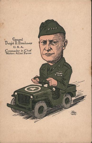 General Dwight D Eisenhower Jeep Caricature World War Ii Postcard