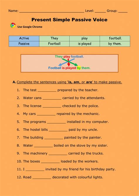 The active voice is used when the subject of the sentence does the action. Passive Present simple worksheet