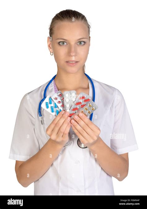 Female Doctor With Pill Holding Hand Isolated On White Background
