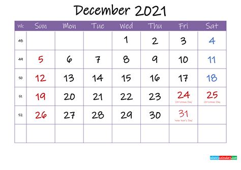 Free Printable December 2021 Calendar With Holidays Free Printable