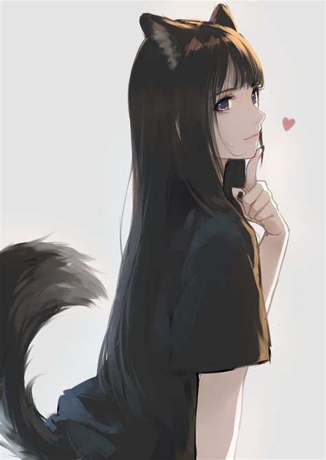 Straight Hair Dark Hair Wolf Girls Black T Shirt Anime Girls Anime