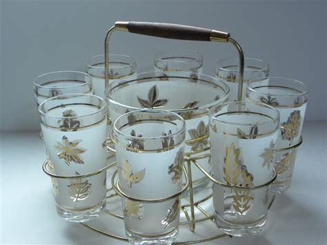 Vintage Drinking Glass Bar Caddy 8 Gold Leaf Design Glasses Etsy