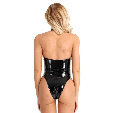 Iefiel Womens Wetlook Bodystockings High Cut Halter Backless Leotard Bodysuit Sexy Clubwear