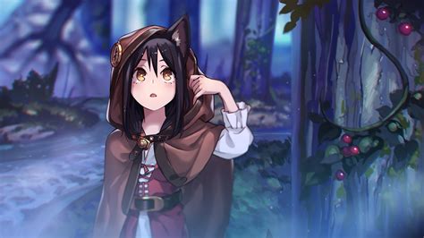 Download 768x1024 Anime Girl Animal Ears Hoodie Forest Plants