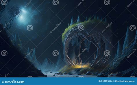 Moon S Embrace: Forest at Waning Crescent Stock Illustration