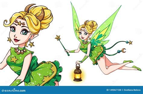Pretty Cartoon Fairy Holding Lantern And Magic Wand Blonde Hair Green