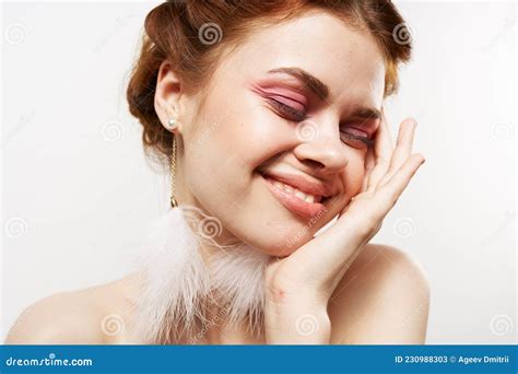 Attractive Women Fluffy Earrings Nude Shoulders Cosmetics Stock Image