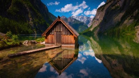 Wood Cabin On Mountain Lake Wallpaper Nature And Landscape