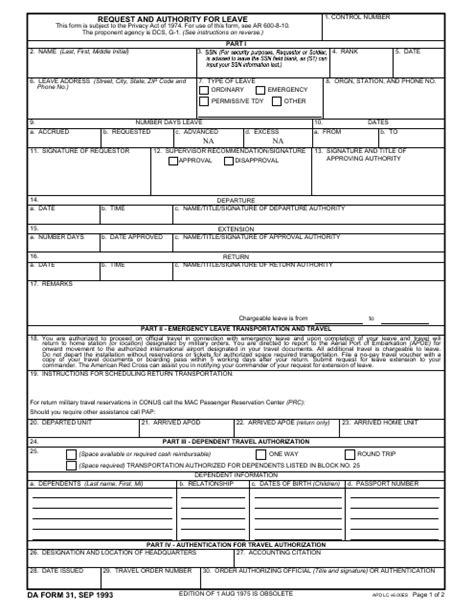 Fillable Army Leave Form Da 31 Printable Forms Free Online