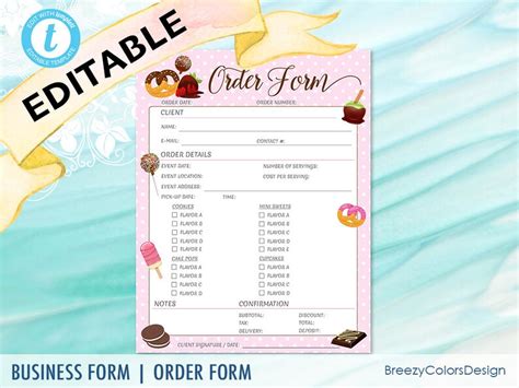 Dessert Order Form Editable Baking Template Printable Bakery Etsy