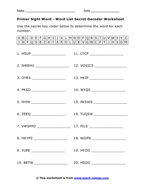 Primer Sight Word Word List Secret Decoder Worksheet Dolch Word