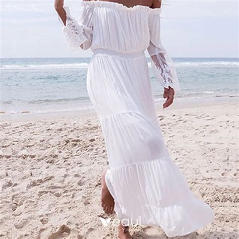 Chic Beautiful Summer Beach White Chiffon Maxi Dresses 2018 Sheath