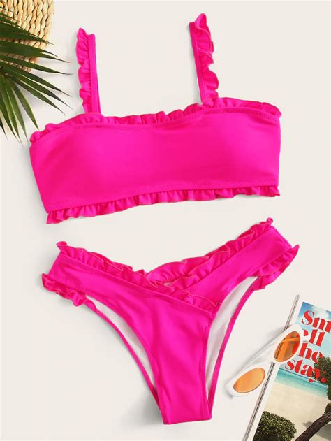 Neon Hot Pink Frill Trim Bikini Set Shein Hot Pink Swimsuit Wrap