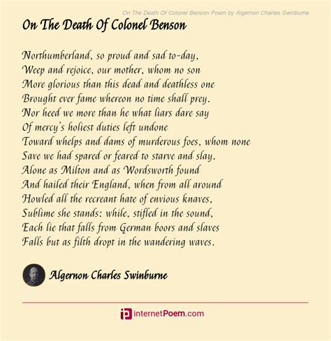 On The Death Of Colonel Benson Poem By Algernon Charles Swinburne