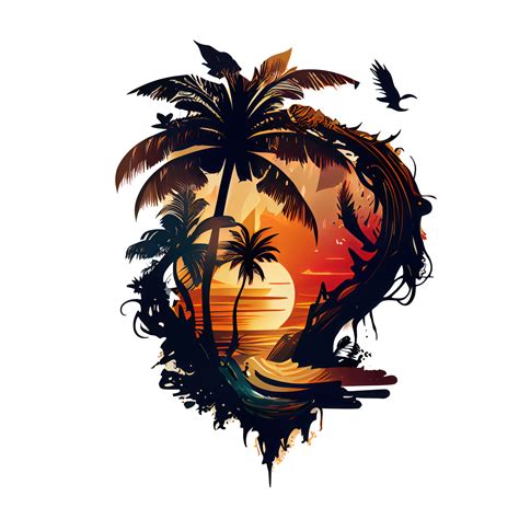Synthwave Sunset Landscape With Palm Trees Retro Wave Illustration