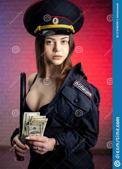 Woman In A Russian Police Uniform With A Baton And Money English Translation Police Stock