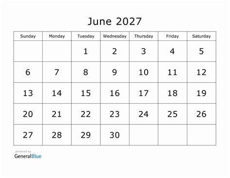 Printable June 2027 Calendar