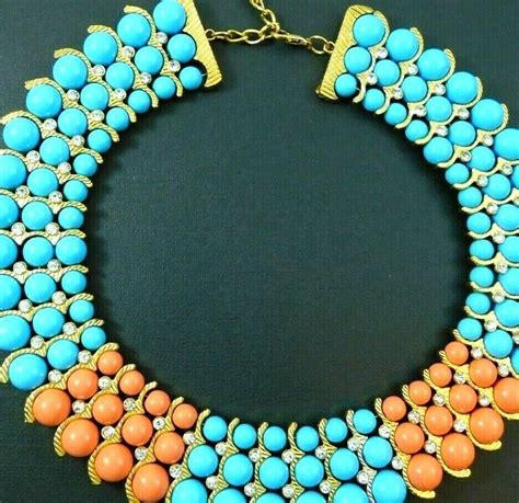 Beaded Statement Collar Necklace Faux Coral Blue Beads Rhinestones Gold