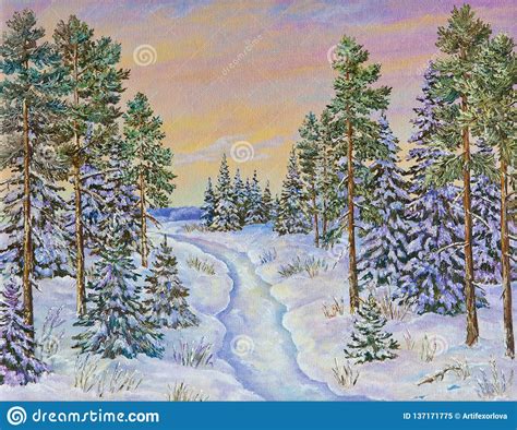 Winter Landscape With The Road And Pine Trees In The Snow
