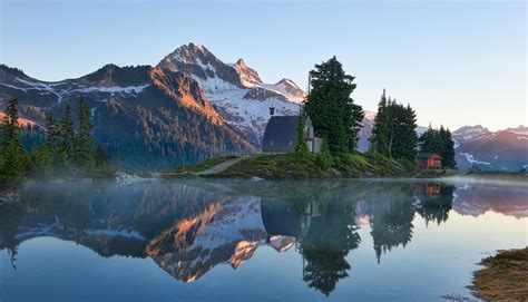Lake Mountains Reflection Canada Snowy Peak Trees Mist Forest