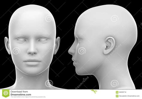 Blank White Female Head Side And Front View Isolated On Black Stock