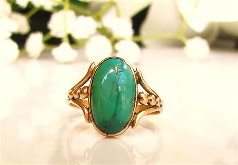 Vintage Oval Cabochon Turquoise Ring 10k Yellow Gold Ring