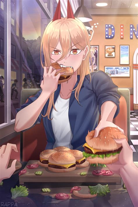 Safebooru 2girls 4boys Aqua Konosuba Blonde Hair Burger Cameo Chainsaw Man Crosshair Pupils