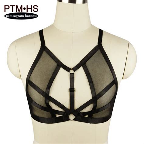 Womens Sexy Lace Sheer See Through Cage Bralette Body Harness Black Elastic Adjust Strappy Top
