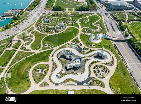 Aerial View Of Grant Park Maggie Daley Park And Lake Michigan Stock