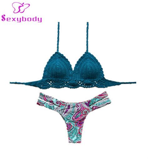 sexybody womens crochet knitted bikini set push up padded triangle top floral cut out bottom