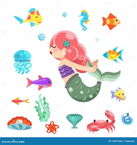 Little Cute Mermaid Swimming Under The Sea Fishes Animals Flat Design