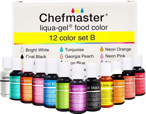 Simply stir this into your frosting or knead it into your fondant and gum paste. Chefmaster Liqua-Gel 12 Color Cake Food Coloring - Set B ...
