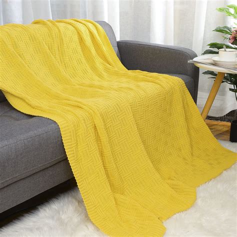 Piccocasa 100 Cotton Cross Cable Knit Throw Blanket For Home Yellow