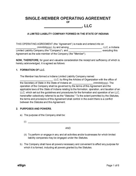 Free Indiana Single Member Llc Operating Agreement Form Pdf Word