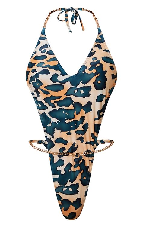 Teal Leopard Chain Extreme High Leg Swimsuit Prettylittlething Uae