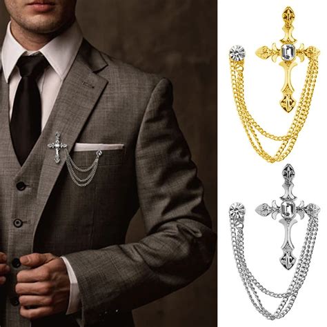 Men Trendy Rhinestone Cross Chain Brooch Lapel Pin Shirt Suit Wedding Accessory In Brooches From