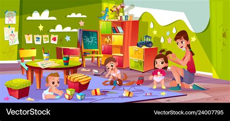Babies Playing In Kindergarten Cartoon Royalty Free Vector