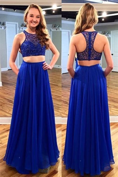 Gorgeous A Line Long Royal Blue Chiffon Beaded Two Piece Prom Dress