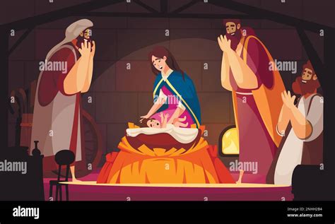Jusus Christh Birht Cartoon Scene With Virgin Mary And Joseph Vector