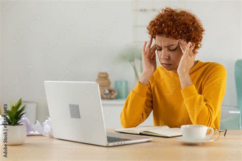 African Woman Touching Temples Experiencing Stress Girl At Home Office Tired Of Working Feeling